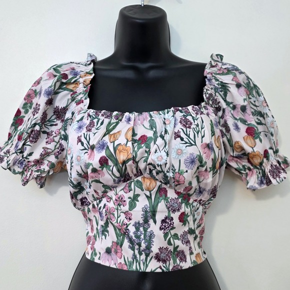 Cider Tops - Cider Floral Puff Sleeve Milkmaid Crop Top Sz S Tie Back Bow‎ Cottage Coquette